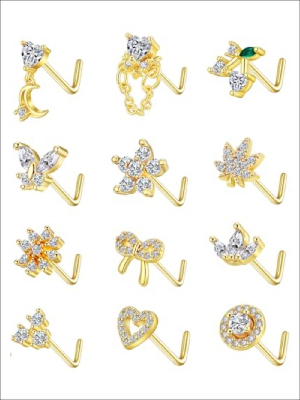 12pc Stainless Steel CZ Nose Studs L Shaped Screw Piercing Jewelry Women 20G